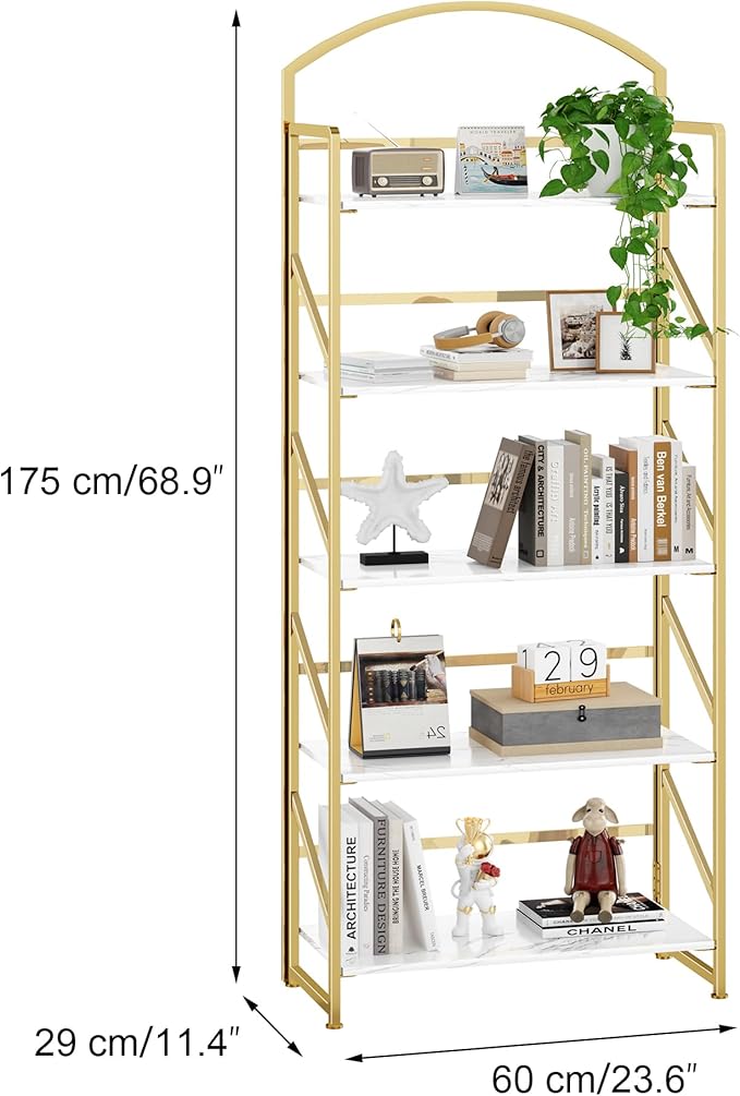 BHG Arched Bookshelf 5 Tier Shelf Storage Organizer Bookcase,No Assembly Folding Book Shelf for Living Room,Bedroom Home Office Rack Bookhelves