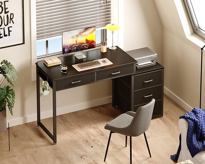 ODK Computer Desk with 5 Drawers, 53 Inch Office Desk with Printer Shelf, Reversible Gaming Desk for Home Bedroom, Writing Table Desk with Headphone Hook for Storage, Black