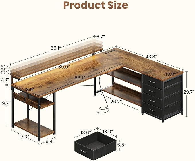 AODK 69" L Shaped Desk with Drawer, Computer Desk with Power Outlets & LED Lights, Reversible Corner Gaming Desks for Home Office Workstation, Office Table with Monitor Shelf, Vintage