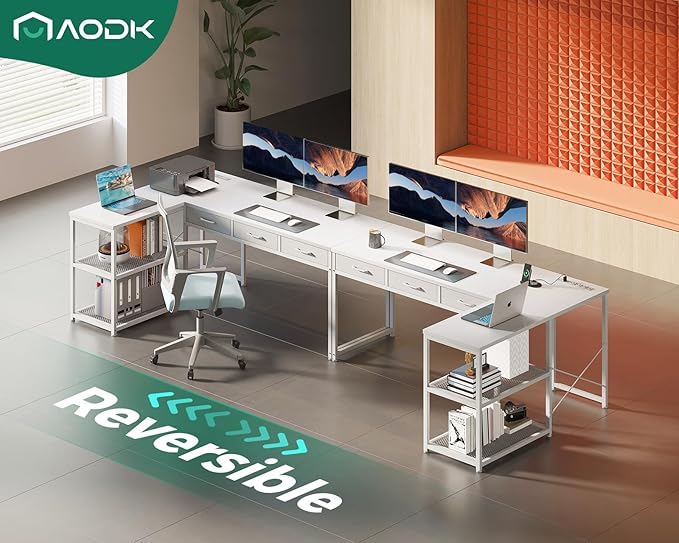 AODK 61 Inch L Shaped Computer Desk with Drawers, Corner Desk with Power Outlets & Reversible Storage Shelves, for Home Office Gaming, White