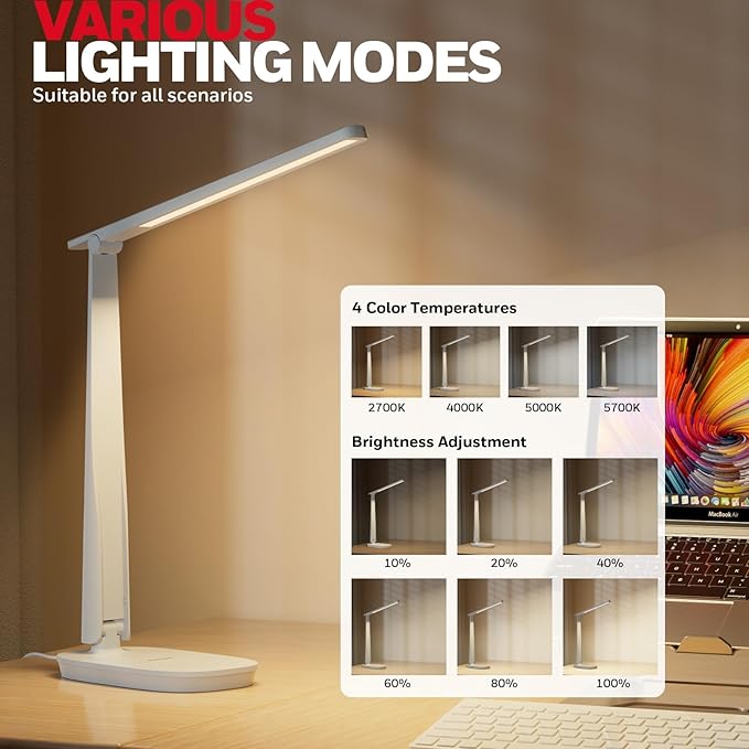 Honeywell HWT-H2 LED Desk Lamp, CRI94 Full Spectrum Eye-Caring Table Light, Foldable Dimmable 4 Color Modes with USB A+C Charging Ports for Home Office Bedroom Reading Study Work (White)