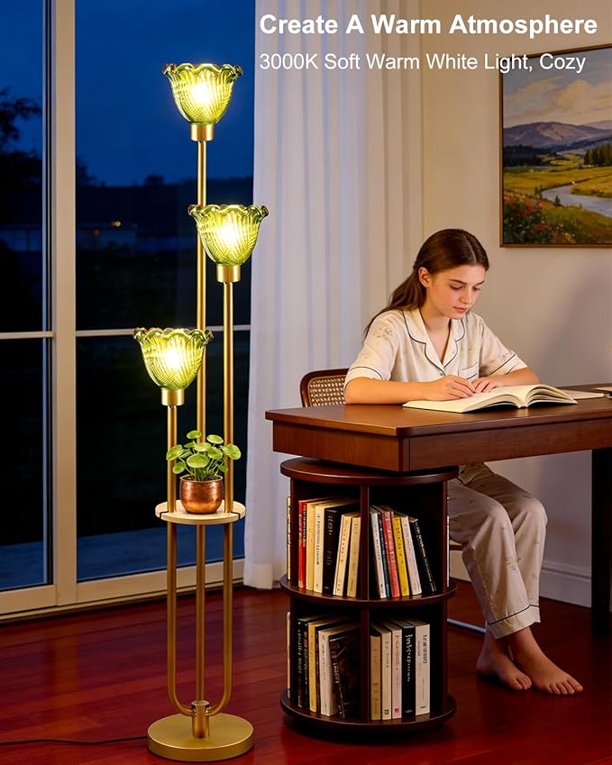 Lightdot Green Glass Floor Lamp for Living Room Dimmable Gold Floor Lamp with Glass Shade & 3000K Bulbs Included 3-Lights Modern Tall Standing Lamp for Bedroom/Sofa Beside/Corner Decor