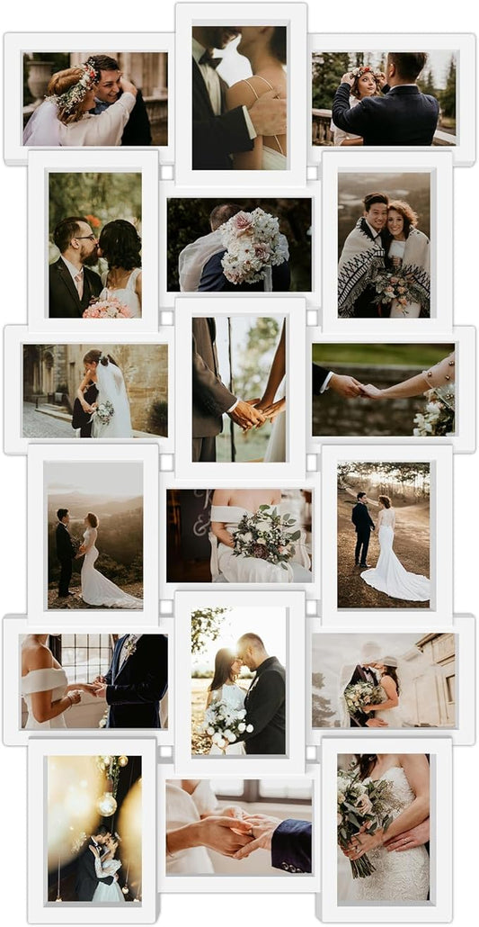 J.M.Deco Collage Picture Frames for Wall Decor, 18-Opening Family Picture Frame Set, One-Piece Photo Frames for Living Room, Bedroom, Gallery, Pure White