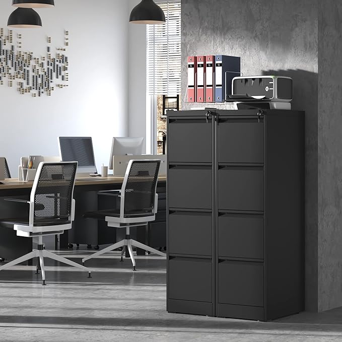 4 Drawer File Cabinet with Lock,Metal Filing Cabinets,Black Vertical File Cabinet for Home Office,Heavy Duty Metal Storage Cabinet for A4/Letter/Legal Size File,Assembly Required