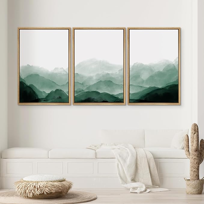 SIGNWIN Framed Canvas Print Wall Art Green Watercolor Mountains in Fog Nature Wilderness Illustrations Modern Art Rustic Scenic Relax/Calm Cool for Living Room, Bedroom, Office - 16"x24"x3 Natural