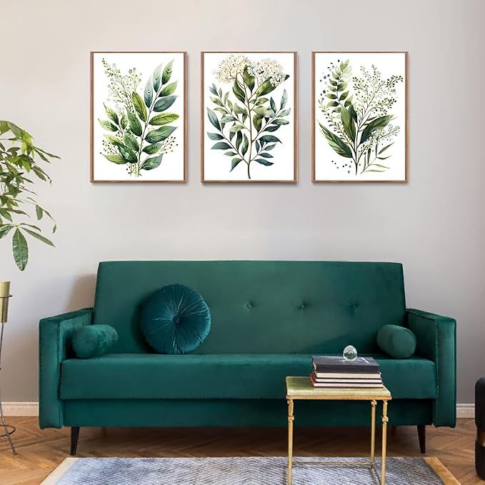 Bwodke Botanical Wall Art Plant Floral Watercolor Poster Canvas Prints Set of 3 Framed Sage Green Painting Eucalyptus Leaf Picture Modern Minimalist Home Decor Bedroom Bathroom Living Room 16"x24"