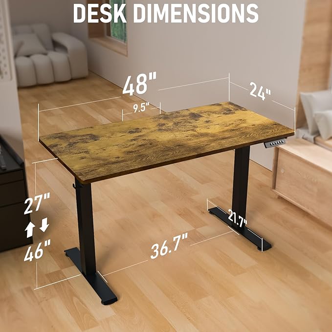 48" x 24" Electric Standing Desk, Adjustable Height Sit Stand Desk with 3 Preset Heights & 2 Hook, Electric Desk for Home Office Gaming, Rustic Brown