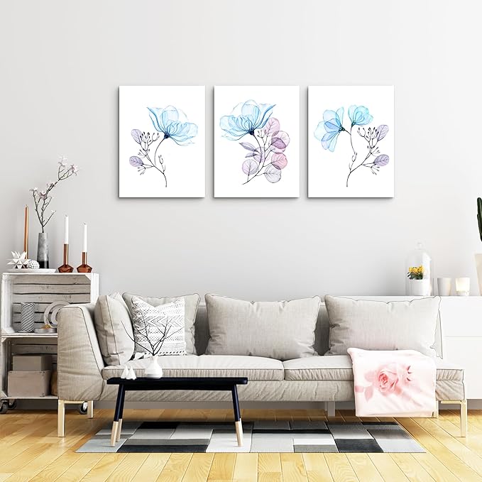 Modern blue flowers Canvas Wall Art for bedroom Living Room,Bathroom Wall Decor,3 Panels Wall Painting Home Decoration kitchen Canvas Print Abstract watercolor flowers and leaves artwork wall mural
