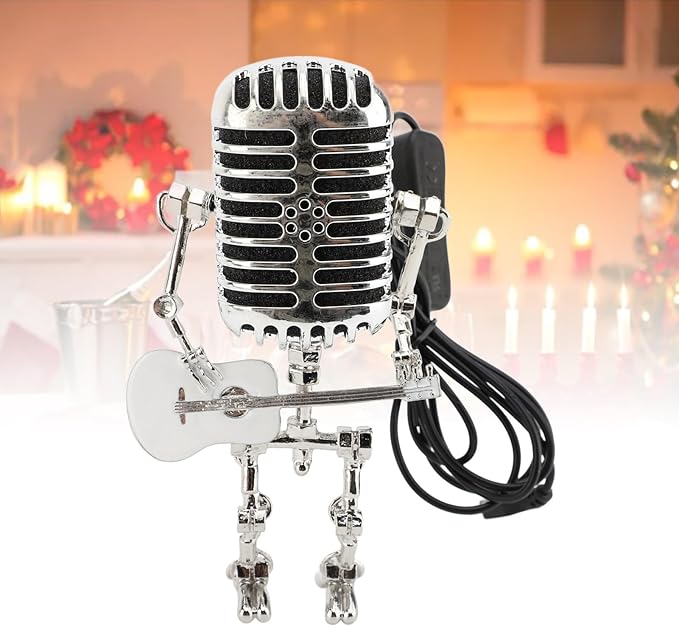 ZJchao Vintage Microphone Guitar Robot Table Lamp Aluminum Retro Metal Robot Night Light for Bedroom Desk Home Decor (White)