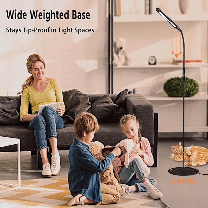 15W LED Floor Lamp with Stepless Adjustable 3000K-6000K Colors and Dimmer, LEDs Lash Lamp Tattoo Light Makeup Light, 360° Gooseneck Standing Light for Living Room, Bedroom, Office (Remote & Touch)