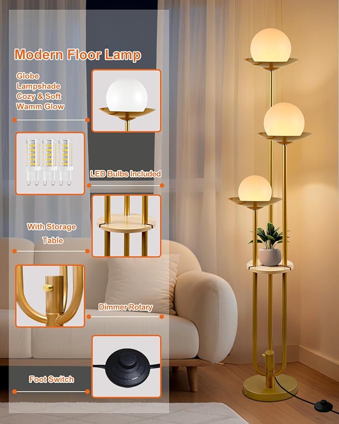 63IN Globe Floor Lamp with Shelf 3-Lights Modern Dimmable Floor Lamps with 3000K Soft Warm White Bulbs for Wedding/Party, Gold Tall Standing Lamp for Living Room/Bedroom