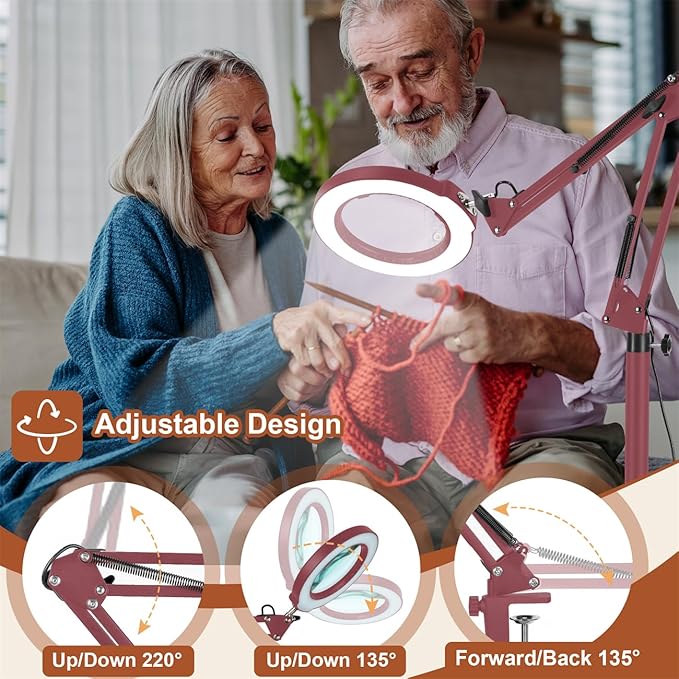 LANCOSC 10X Magnifying Glass with Light and Stand, 3-in-1 Adjustable Swing Floor Lamp, 5 Color Modes Stepless Dimmable, LED Lighted Hands Free Magnifier & Clamp for Reading, Crafts, Painting - Red