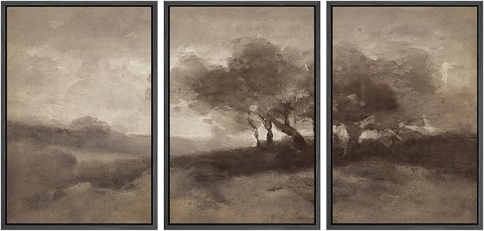 SIGNWIN Framed Canvas Print Wall Art Set Sepia-Toned Abstract Trees Vintage Landscape Illustrations Modern Art Decorative for Living Room, Bedroom, Office - 24"x36"x3 Black