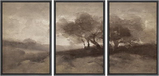 SIGNWIN Framed Canvas Print Wall Art Set Sepia-Toned Abstract Trees Vintage Landscape Illustrations Modern Art Decorative for Living Room, Bedroom, Office - 24"x36"x3 Black