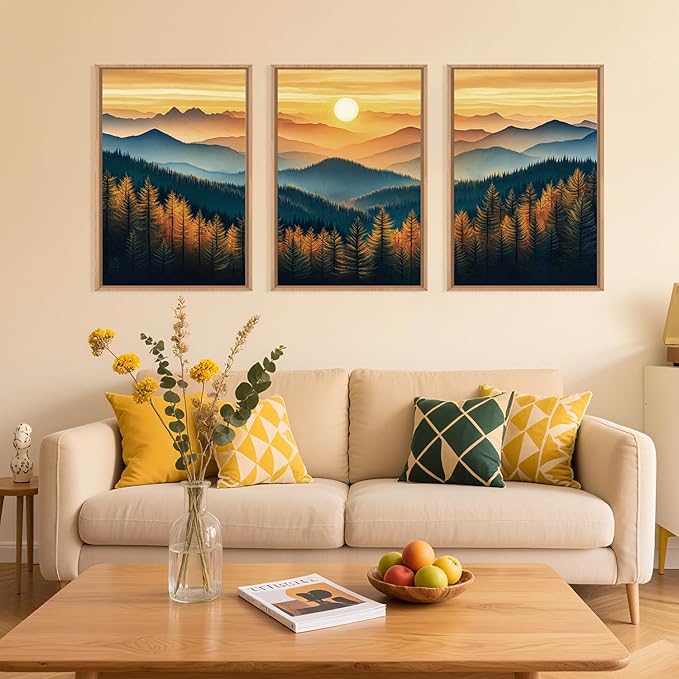 Large Boho Sunrise Mountain Framed Canvas Wall Art,Abstract Nature Forest Wall Decor,Foggy Pine Tree Painting,Retro Landscape Artwork for Living Room,Bedroom,Dining Room,Office -24"x36"x3