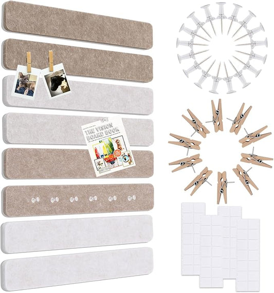 Vuzvuv 8 pcs Bulletin Board Bar Strips No Adhesive Backing with Glue Points ，Self Adhesive Cork Board for Wall，Felt Pin Board for School，Office Decor(Mix-Brown)