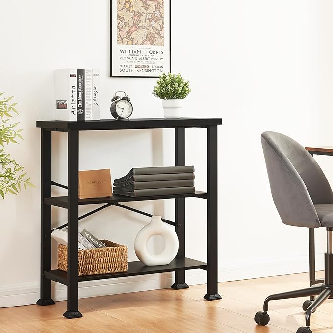 HOMBAZAAR 3 Tier Bookshelf,Black Industrial Book Shelf,Engineered Wood and Metal Small Bookcases,Low Shelf Bookcase for Living Room,Office,Bedroom and Kitchen