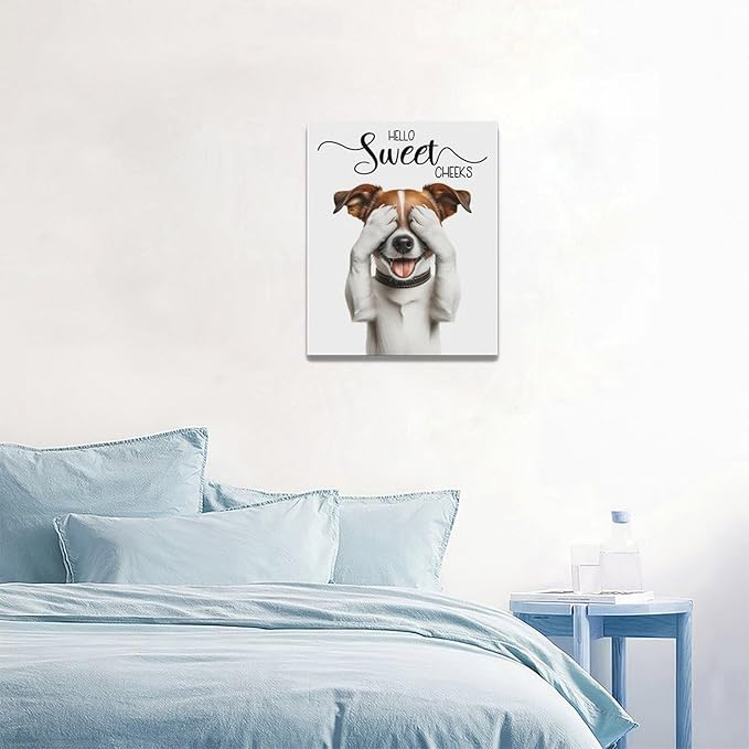 Bathroom Dog Wall Art Funny Dog Bathroom Pictures Wall Decor Hello Sweet Cheeks Toilet Bathroom Canvas Painting Home Modern Artwork Decorations Framed for Restroom 16 x 20 inch