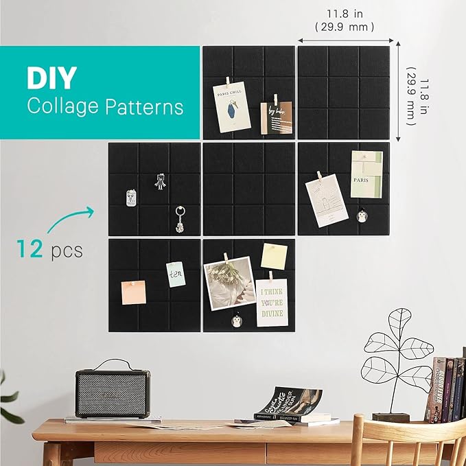 Large Cork Board, 12 Pack Felt Wall Tiles with Safe Removable Adhesive, Bulletin Board for Office, Pin Tack Corkboard for Quilting Design & Dart Wall Protector 48" x 36" - Black