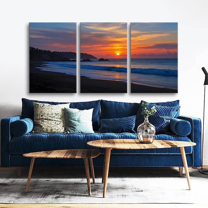 Beach Scenery Wall Art Sandy Beach at Dusk Landscape Canvas Poster Print Summer Natural Scenery Picture Painting for Modern Home Hotel Wall Decoration Stretched and Framed [72''Wx36''H]