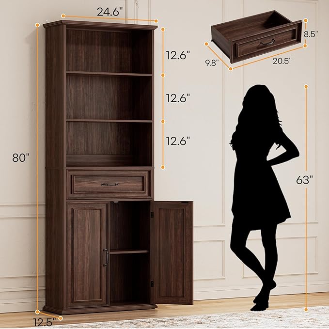 Cyclysio 80" Tall Bookcase, Farmhouse Bookshelves with Drawer and Doors, Floor Standing 6 Shelf Display Storage Cabinet for Home Office, Living Room (1, Black Walnut)