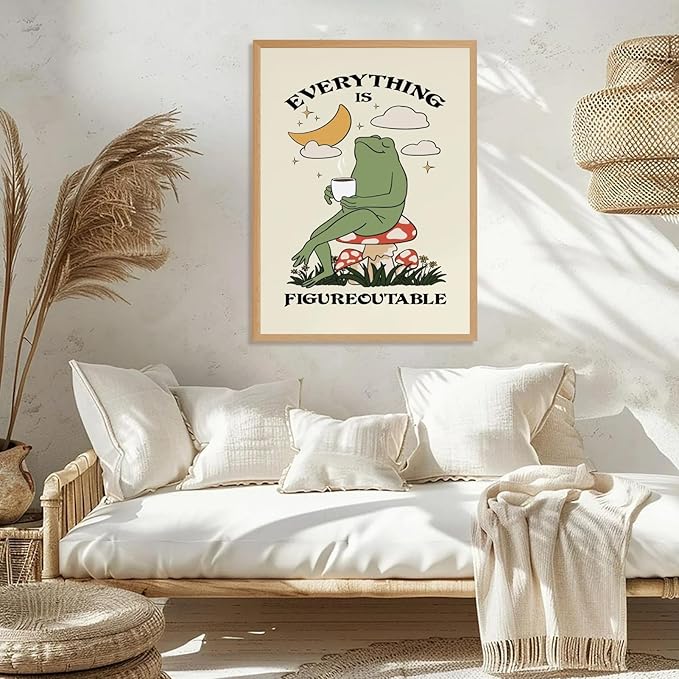 Everything Is Figureoutable Motivational Wall Art Funny Frog Coffee Inspirational Poster Positive Quote Daily Reminder Canvas Print Affirmation Wall Decor for Home Office 24x36inch Wood Color Framed