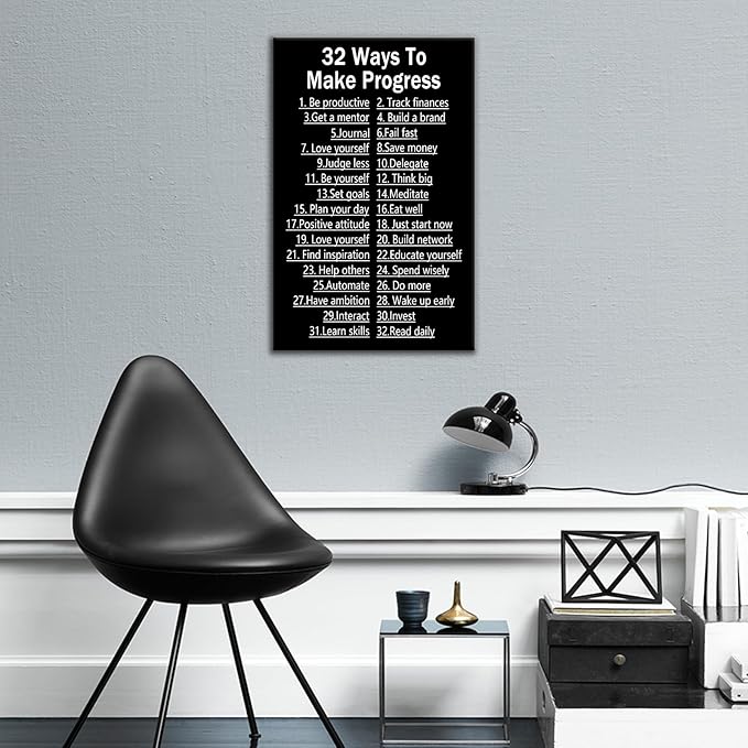 Inspirational Canvas Wall Art Motivational Office Wall Decor Quotes 32 Ways To Make Progress Poster Pictures Painting Artwork for Modern Home Study Room Bedroom Gym Ready to Hang [12''Wx 18''H]