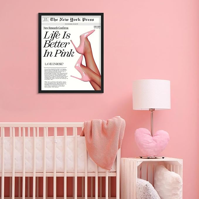 uniro Life Is Better In Pink Poster, Vintage Newspaper Teen Girl Room Wall Decor, Pink Prints For Room, Girly Bedroom Decor, Newspaper Wall Art - 8x10 Unframed