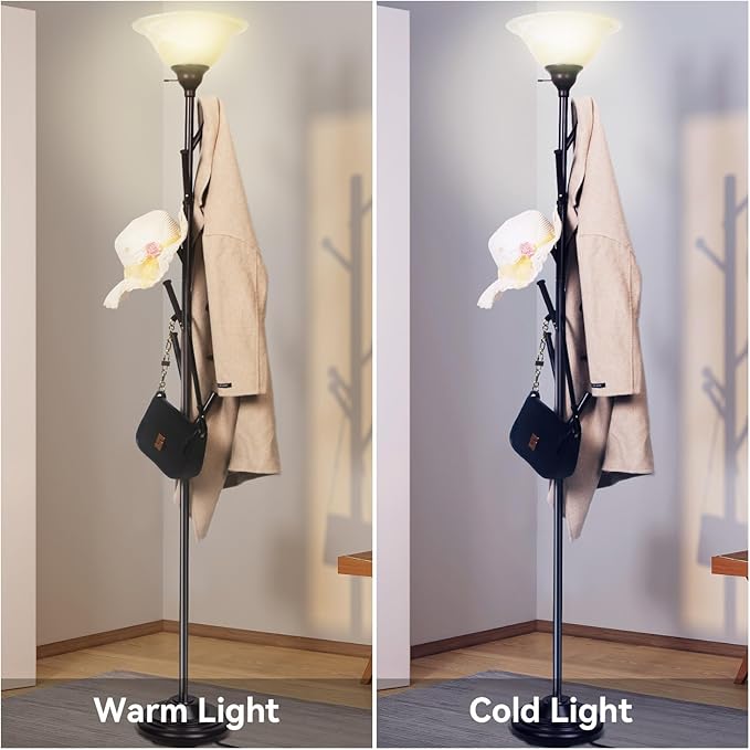 Standing Tall Lamp with Standing Coat Rack Tree, Torchiere Floor Lamps with 6 Hooks, Coat Rack Lamp Special for Bedroom, Entryway, Corner