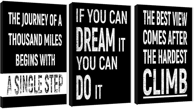 3 Piece Inspirational Wall Art, Black Background Sayings Picture, Quotes Motivational Canvas Prints for Gym Wall Decor, Triptych Entrepreneur Painting Framed Artwork for School Decor (48"Wx24" H)