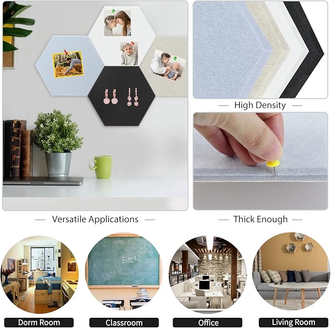 BXI Hexagon Felt Bulletin Board - 14.2 X 12.3 X 3/8 Inches 6 Pcs Self-Adhesive Poster Cork Board 30 Push Pins, Thick Pin Tiles Display Vision Board, Photo Picture Panels for Home Office Classroom
