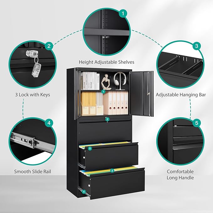 SISESOL 3 Drawer Lateral File Cabinet with Lock and Shelf,White Filing Storage Cabinet with Doors,Locking Metal Storage Cabinets with Drawers for Home,Office,Garage,School,Fit A4/Letter/Legal File
