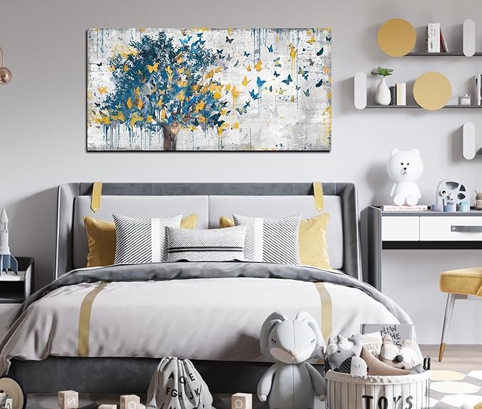 Kepgonegu Large Canvas Wall Art Blue Tree Golden Butterflies Picture Abstract Grey Graffiti Canvas Prints Ready to Hang for Living Room Bedroom Size 24x48