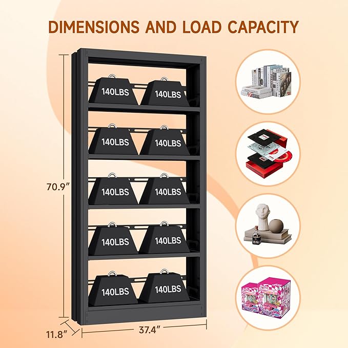 5-Tier Metal White Bookshelf, 71" Tall Library Bookshelf, White Bookshelf with Adjustable Storage Shelves, Modern Bookcase for Living Room, Library, Office, or Bedroom, Includes Book Stoppers (Black)