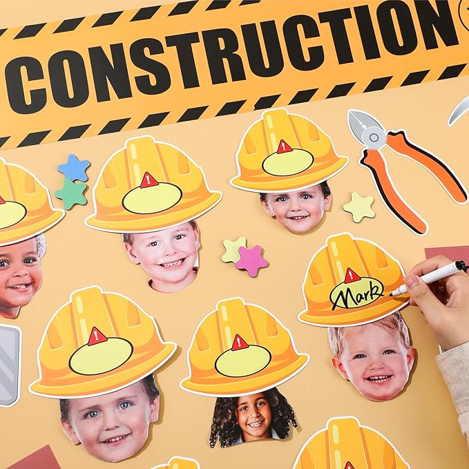 gisgfim Construction Bulletin Board Decorations Learning Under Construction Paper Cutouts DIY Photo Helmet Motivational Bulletin Board Set for Back to School Teacher Classroom Wall Decor Supplies