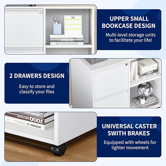Yizosh 2-Drawer Metal File Cabinet with Lock, Mobile Lateral Filing Cabinet, Printer Stand with Adjustable Storage Shelves for Home Office (White)