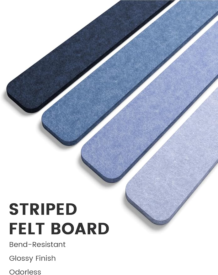 Fluxynara Cork Board Alternative Felt Strip Board 8-Pack 13"x2", Office Pin Board with 50 Push Pins, Adhesive Install for Bedroom Door & Home Office(Denim Mist)