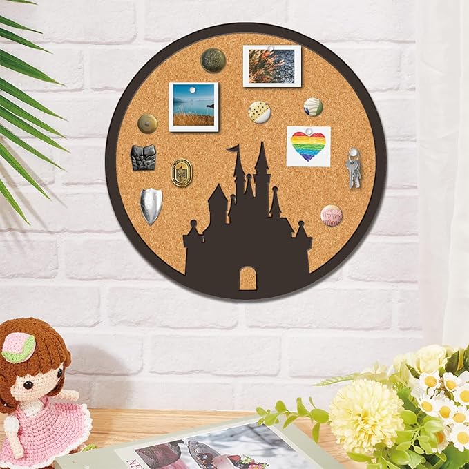 CRASPIRE Castle Pin Cork Board Round Framed Bulletin Display Badge 9.8x9.8 Wood Purple Decorative Corkboard Wall Mounted Memory Brooch Lapel Holder Storage for Home Room School Classroom Party