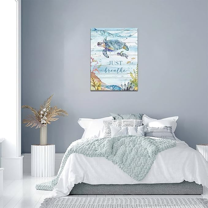 yerretin Nautical Sea Turtle Wall Art Ocean Just Breathe Pictures Wall Decor Beach Canvas Painting Modern Artwork Home Decoration for Bathroom Living Room Bedroom Office Framed 12"x16"