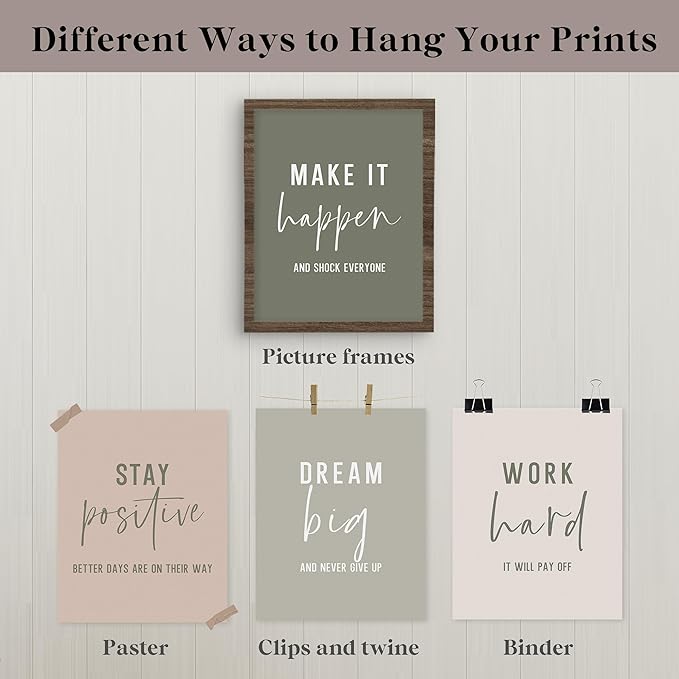 QLMX Office Inspirational Wall Art Prints Set of 4, Boho Motivational Make It Happen Stay Postive Prints Wall Decor for Office, Positive Quotes Poster for Home 8”x10” Unframed