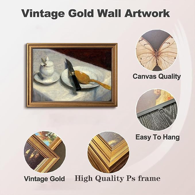 Gold Framed Wall Art Vintage Canvas Wall Art Before Meals Still Life Artwork Prints Picture for Living Room Bedroom Farmhouse Bathroom Office Decor, 16x24