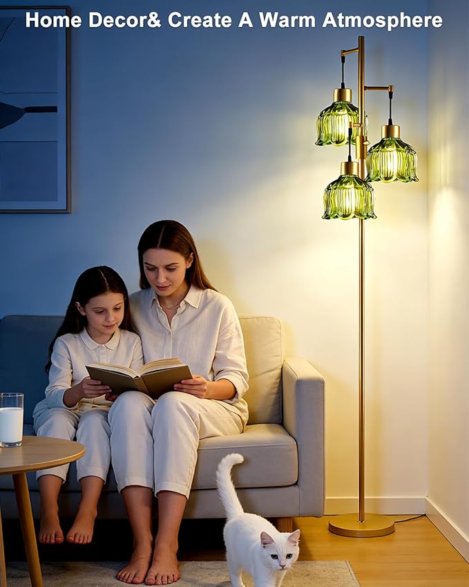 Lightdot 3-Light Floral Floor Lamp 65'' Dimmable Floor Flower Lamp with Green Glass Shade& E12 Bulbs Included, Mid Century Standing Tall Lamp for Living Room/Bedroom/Sofa Beside-Gold