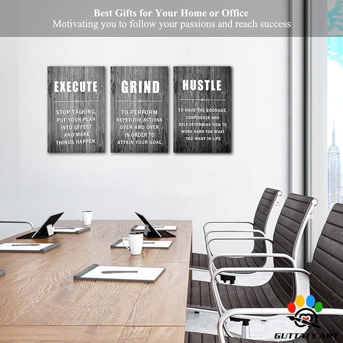 Office Wall Art - 3 Panel Motivational Wall Art, Inspirational Quotes Canvas Art for Home Office Wall Decor, Positive Quotes Wall Decor, Entrepreneur Grind Hustle Execution Poster Frame (16”x24”x3Pcs)