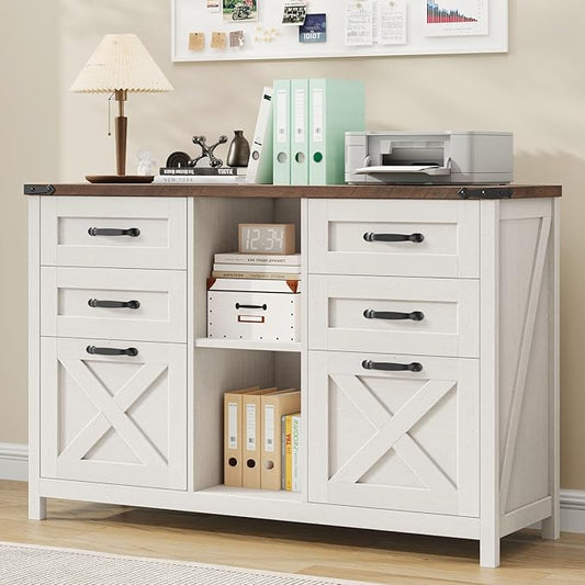 Lateral File Cabinet with 6 Drawers, Farmhouse Filing Cabinet for Letter/A4 Size, Wood File Storage Cabinets Printer Stand with Open Storage Adjustable Shelf for Home Office Cabinets, White and Brown
