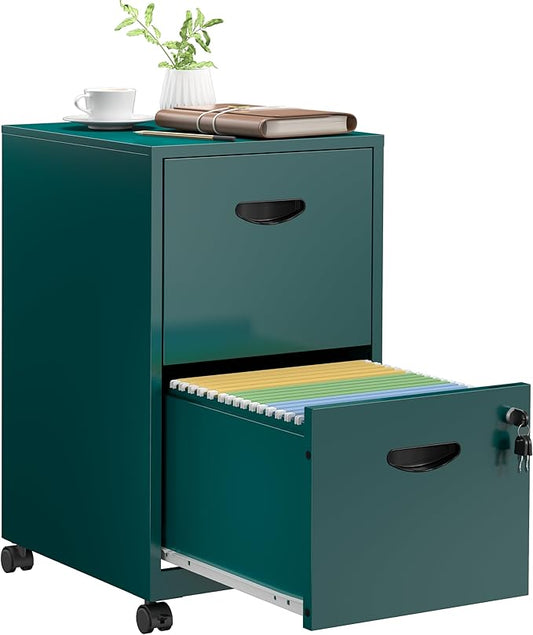 2 Drawer File Cabinet with Lock,Green Rolling File Cabinet for Home Office,Printer Stand, Metal Small Mobile Filing Cabinets on Wheels for Hanging Letter