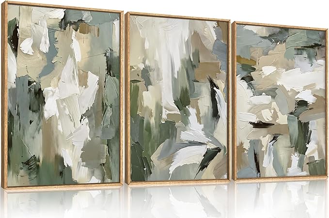 Large Abstract Green Beige Framed Canvas Wall Art Set,Neutral Brush Stroke Watercolor Wall Painting,Modern Minimalist Artwork for Living Room,Bedroom,Dining Room,Office -24"x36"x3