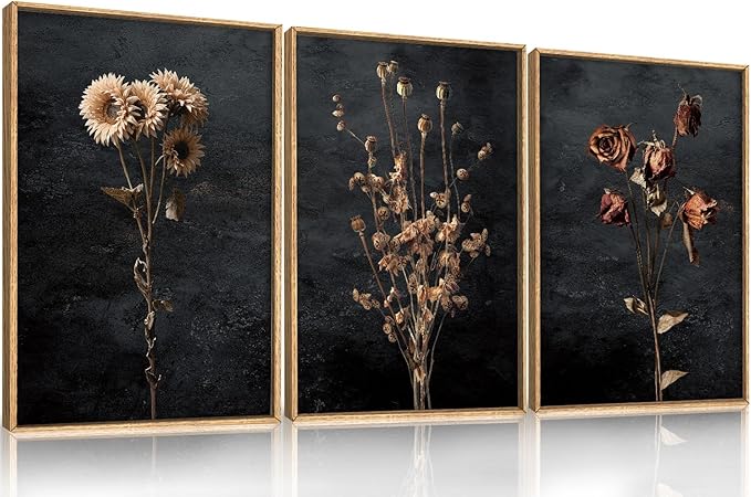 Large Moody Dark Floral Framed Canvas Wall Art Set,Vintage Mid Century Dried Flower Wall Decor,Modern Boho Wildflower Botanical Artwork for Living Room,Bedroom,Farmhouse-16 x24 x3