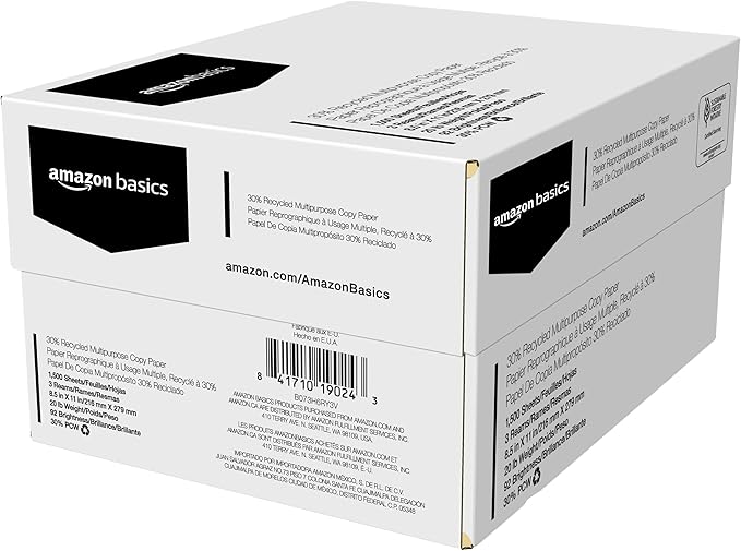 Amazon Basics 30% Recycled Multipurpose Copy & Print Paper, 8.5 x 11 Inches, 20 lb Weight, 92 Bright, White, FSC Certified, 1500 Sheets (3 Reams)