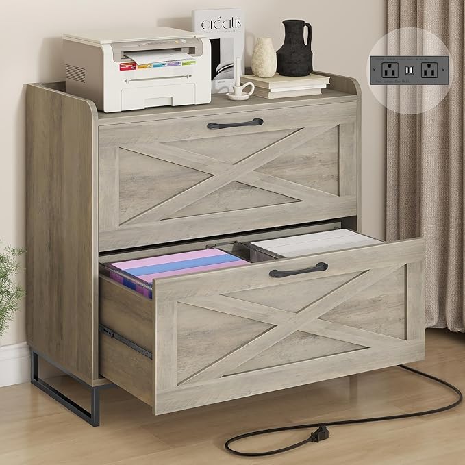 2 Drawer Lateral File Cabinet, Filing Cabinet with Charging Station for Letter/Legal/A4 Size Hanging Files, Modern Farmhouse File Cabinet for Home Office, Printer Stand with Storage, Washed Gray