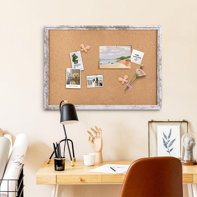 Cork Board Bulletin Board, 35.4x23.6 inches Decorative Hanging Framed Cork Boards for Walls, Pin Board Vision Board for School Home Office, Bulletin Board with Wooden Frame (6090,WH,1pc)